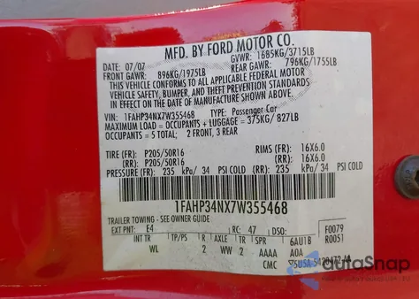 2007 Ford Focus S/Se/Ses z USA, uszkodzony, nr VIN 1FAHP34NX7W355468